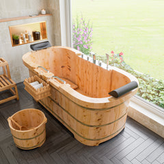 ALFI 65" 2 Person Free Standing Cedar Wooden Bathtub with Fixtures & Headrests - AB1130