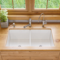 Alfi White 32  x 19  Double Bowl Fireclay Undermount / Drop In Kitchen Sink w Grid - ABF3219DUD-W