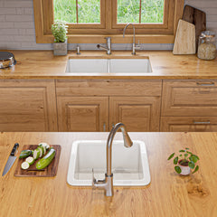 Alfi White 32  x 19  Double Bowl Fireclay Undermount / Drop In Kitchen Sink w Grid - ABF3219DUD-W