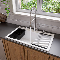 Alfi 33" Granite Composite Workstation Step Rim Single Bowl Drop In Sink with Accessories - White