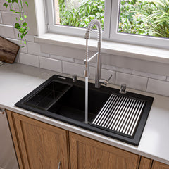 Alfi 33" Granite Composite Workstation Step Rim Single Bowl Drop In Sink with Accessories - Black