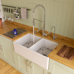 Alfi White 32" Decorative Lip Apron Double Bowl Fireclay Farmhouse Kitchen Sink - White