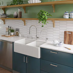 Alfi White 32  Smooth Apron Double Bowl Fireclay Farmhouse Kitchen Sink - AB538-W