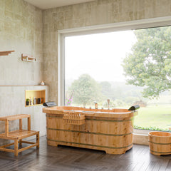 ALFI 65" 2 Person Free Standing Cedar Wooden Bathtub with Fixtures & Headrests - AB1130