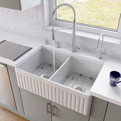 Alfi White 32" Fluted Apron Double Bowl Fireclay Farmhouse Kitchen Sink - White