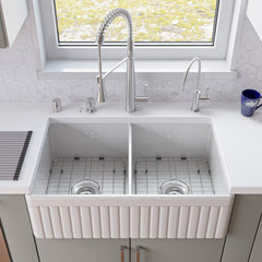 Alfi White 32  Fluted Apron Double Bowl Fireclay Farmhouse Kitchen Sink - AB532