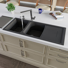 Alfi 46" Double Bowl Granite Composite Kitchen Sink with Drainboard - Black