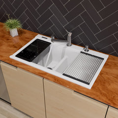 Alfi 33" Granite Composite Workstation Step Rim Double Bowl Drop In Sink with Accessories - White