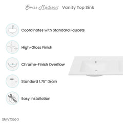 Swiss Madison 60 inch Vanity Top Bathroom Sink - SM-VT360-3MB - The Home Selection