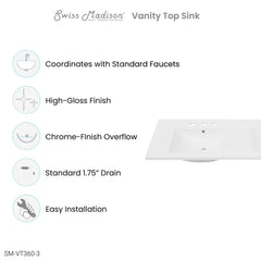 Swiss Madison 60 inch Vanity Top Bathroom Sink with 3 Holes - SM-VT360-3 - The Home Selection