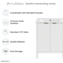 Swiss Madison Bastille 24 in. White Bathroom Vanity With White, 3-Hole Ceramic Sink Top - SM-BV290-3 - The Home Selection