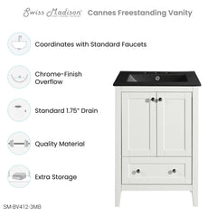 Swiss Madison Cannes 24 in. White Bathroom Vanity With Black, 3-Hole Ceramic Sink Top - SM-BV412-3MB - The Home Selection