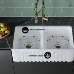 Swiss Madison Delice 33" Double Basin Fireclay Farmhouse Kitchen Sink in Glossy White - SM-FS1205GW - The Home Selection