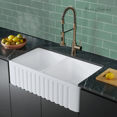 Swiss Madison Delice 33" Double Basin Fireclay Farmhouse Kitchen Sink in Glossy White - SM-FS1205GW - The Home Selection