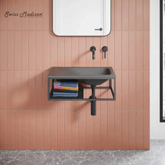 Swiss Madison Lisse 24" Rectangle Concrete Wall-Mount Bathroom Sink in Taupe with Matte Black Frame - The Home Selection