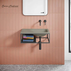 Swiss Madison Lisse 24" Rectangle Concrete Wall-Mount Bathroom Sink in Taupe with Matte Black Frame - The Home Selection