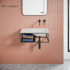 Swiss Madison Lisse 24" Rectangle Concrete Wall-Mount Bathroom Sink in Taupe with Matte Black Frame - The Home Selection