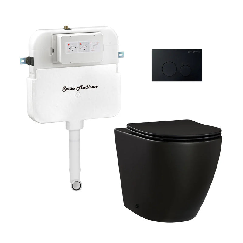 Swiss Madison St. Tropez Back-to-Wall Toilet Bundle 0.8/1.6 GPF Dual Flush in Matte Black with Black Flush Plate - The Home Selection