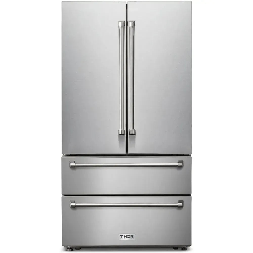 Thor Kitchen 36" French Door Refrigerator with 22.5 Cu. Ft. Total Capacity, Ice Maker, 2 Freezer Drawers, 6 One Gallon Door Storage Bins, Counter-Depth, LED Lighting, Adjustable Shelves, Door Alarm, Energy Star Certified - TRF3602 - The Home Selection
