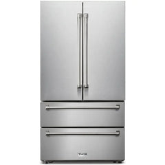 Thor Kitchen 36" French Door Refrigerator with 22.5 Cu. Ft. Total Capacity, Ice Maker, 2 Freezer Drawers, 6 One Gallon Door Storage Bins, Counter-Depth, LED Lighting, Adjustable Shelves, Door Alarm, Energy Star Certified - TRF3602 - The Home Selection