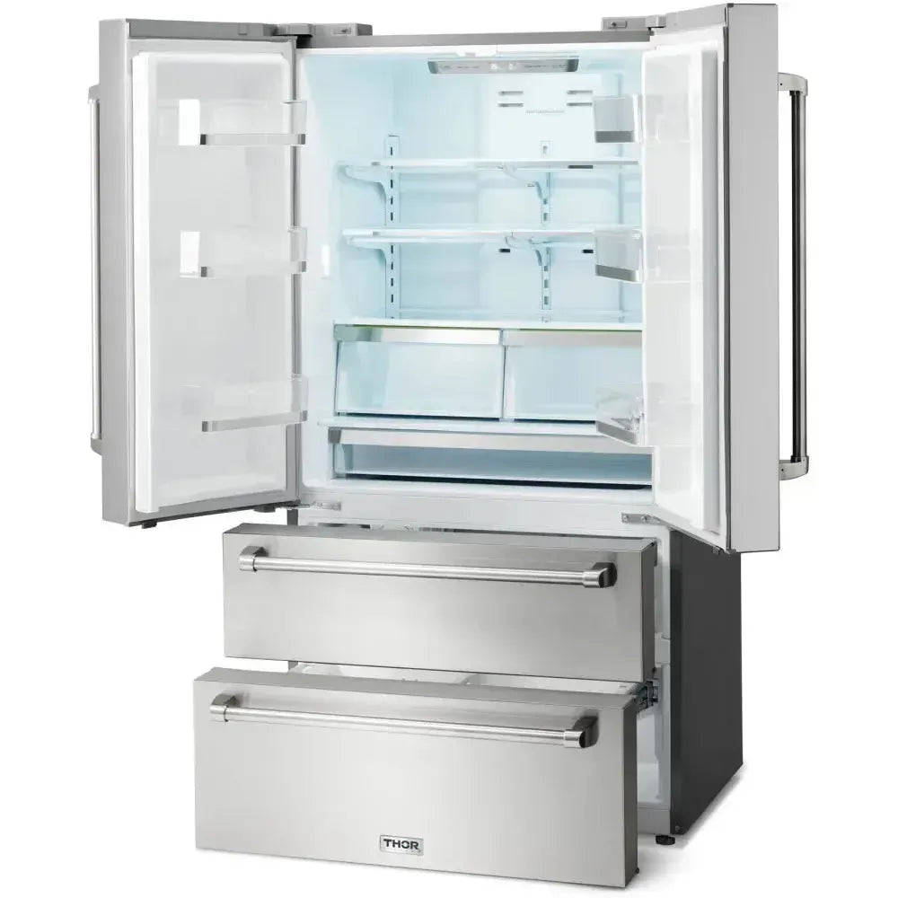 Thor Kitchen 36" French Door Refrigerator with 22.5 Cu. Ft. Total Capacity, Ice Maker, 2 Freezer Drawers, 6 One Gallon Door Storage Bins, Counter-Depth, LED Lighting, Adjustable Shelves, Door Alarm, Energy Star Certified - TRF3602 - The Home Selection
