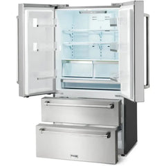 Thor Kitchen 36" French Door Refrigerator with 22.5 Cu. Ft. Total Capacity, Ice Maker, 2 Freezer Drawers, 6 One Gallon Door Storage Bins, Counter-Depth, LED Lighting, Adjustable Shelves, Door Alarm, Energy Star Certified - TRF3602 - The Home Selection