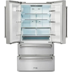 Thor Kitchen 36" French Door Refrigerator with 22.5 Cu. Ft. Total Capacity, Ice Maker, 2 Freezer Drawers, 6 One Gallon Door Storage Bins, Counter-Depth, LED Lighting, Adjustable Shelves, Door Alarm, Energy Star Certified - TRF3602 - The Home Selection