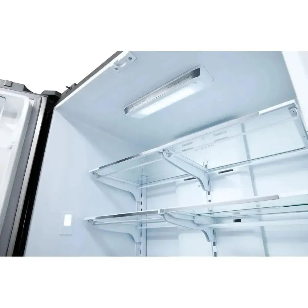 Thor Kitchen 36" French Door Refrigerator with 22.5 Cu. Ft. Total Capacity, Ice Maker, 2 Freezer Drawers, 6 One Gallon Door Storage Bins, Counter-Depth, LED Lighting, Adjustable Shelves, Door Alarm, Energy Star Certified - TRF3602 - The Home Selection