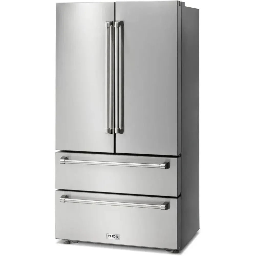 Thor Kitchen 36" French Door Refrigerator with 22.5 Cu. Ft. Total Capacity, Ice Maker, 2 Freezer Drawers, 6 One Gallon Door Storage Bins, Counter-Depth, LED Lighting, Adjustable Shelves, Door Alarm, Energy Star Certified - TRF3602 - The Home Selection
