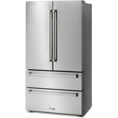 Thor Kitchen 36" French Door Refrigerator with 22.5 Cu. Ft. Total Capacity, Ice Maker, 2 Freezer Drawers, 6 One Gallon Door Storage Bins, Counter-Depth, LED Lighting, Adjustable Shelves, Door Alarm, Energy Star Certified - TRF3602 - The Home Selection