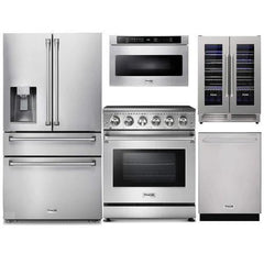 Thor Kitchen 5-Piece Appliance Package - 30-Inch Electric Range, Refrigerator with Water Dispenser, Dishwasher, Microwave Drawer, & Wine Cooler in Stainless Steel - The Home Selection