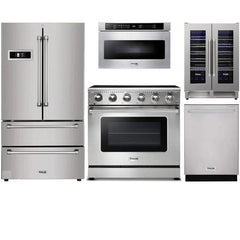Thor Kitchen 5-Piece Appliance Package - 36" Electric Range, French Door Refrigerator, Dishwasher, Microwave Drawer, & Wine Cooler in Stainless Steel - The Home Selection