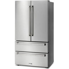 Thor Kitchen 5-Piece Appliance Package - 48" Gas Range, French Door Refrigerator, Pro Wall Mount Hood, Dishwasher, and Microwave Drawer in Stainless Steel - The Home Selection
