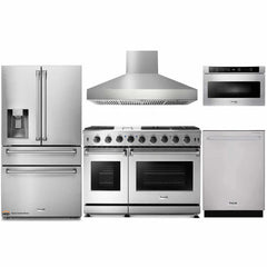 Thor Kitchen 5-Piece Appliance Package - 48" Gas Range, French Door Refrigerator, Pro Wall Mount Hood, Dishwasher, and Microwave Drawer in Stainless Steel - The Home Selection
