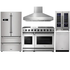 Thor Kitchen 5-Piece Appliance Package - 48" Gas Range, French Door Refrigerator, Pro Wall Mount Hood, Dishwasher, and Wine Cooler in Stainless Steel - The Home Selection
