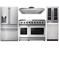 Thor Kitchen 5-Piece Appliance Package - 48-Inch Gas Range, Refrigerator with Water Dispenser, Dishwasher, & Wine Cooler in Stainless Steel - The Home Selection