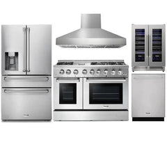Thor Kitchen 5-Piece Pro Appliance Package - 48" Dual Fuel Range, Pro Wall Mount Hood, French Door Refrigerator, Dishwasher, and Wine Cooler in Stainless Steel - The Home Selection