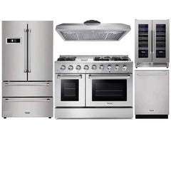 Thor Kitchen 5-Piece Pro Appliance Package - 48" Gas Range, French Door Refrigerator, Dishwasher, and Wine Cooler in Stainless Steel - The Home Selection