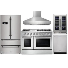 Thor Kitchen 5-Piece Pro Appliance Package - 48" Gas Range, Pro Wall Mount Hood, French Door Refrigerator, Dishwasher, and Wine Cooler in Stainless Steel - The Home Selection