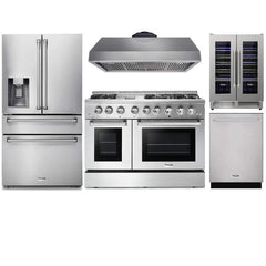 Thor Kitchen 5-Piece Pro Appliance Package - 48-Inch Dual Fuel Range, Under Cabinet Hood, Refrigerator with Water Dispenser, Dishwasher, & Wine Cooler in Stainless Steel - The Home Selection