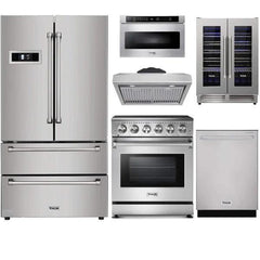 Thor Kitchen 6-Piece Appliance Package - 30" Electric Range, French Door Refrigerator, Under Cabinet Hood, Dishwasher, Microwave Drawer, & Wine Cooler in Stainless Steel - The Home Selection