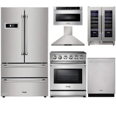 Thor Kitchen 6-Piece Appliance Package - 30" Electric Range, French Door Refrigerator, Wall Mount Hood, Dishwasher, Microwave Drawer, & Wine Cooler in Stainless Steel - The Home Selection