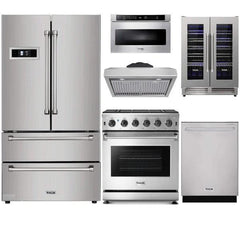 Thor Kitchen 6-Piece Appliance Package - 30" Gas Range, French Door Refrigerator, Under Cabinet Hood, Dishwasher, Microwave Drawer, and Wine Cooler in Stainless Steel - The Home Selection