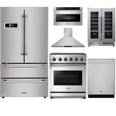 Thor Kitchen 6-Piece Appliance Package - 30" Gas Range, French Door Refrigerator, Wall Mount Hood, Dishwasher, Microwave Drawer, and Wine Cooler in Stainless Steel - The Home Selection