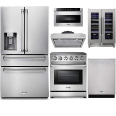 Thor Kitchen 6-Piece Appliance Package - 30-Inch Electric Range, Refrigerator with Water Dispenser, Under Cabinet Hood, Dishwasher, Microwave Drawer, & Wine Cooler in Stainless Steel - The Home Selection