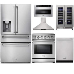 Thor Kitchen 6-Piece Appliance Package - 30-Inch Electric Range, Refrigerator with Water Dispenser, Wall Mount Hood, Dishwasher, Microwave Drawer, & Wine Cooler in Stainless Steel - The Home Selection