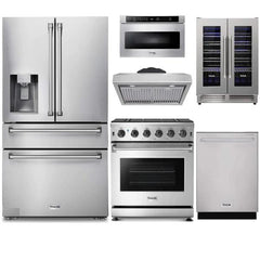 Thor Kitchen 6-Piece Appliance Package - 30-Inch Gas Range, Refrigerator with Water Dispenser, Under Cabinet Hood, Dishwasher, Microwave Drawer, & Wine Cooler in Stainless Steel - The Home Selection