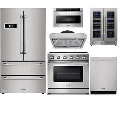 Thor Kitchen 6-Piece Appliance Package - 36" Electric Range, French Door Refrigerator, Under Cabinet Hood, Dishwasher, Microwave Drawer, & Wine Cooler in Stainless Steel - The Home Selection