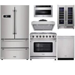 Thor Kitchen 6-Piece Appliance Package - 36" Gas Range, French Door Refrigerator, Under Cabinet Hood, Dishwasher, Microwave Drawer, and Wine Cooler in Stainless Steel - The Home Selection