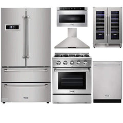 Thor Kitchen 6-Piece Appliance Package - 36" Gas Range, French Door Refrigerator, Wall Mount Hood, Dishwasher, Microwave Drawer, & Wine Cooler in Stainless Steel - The Home Selection